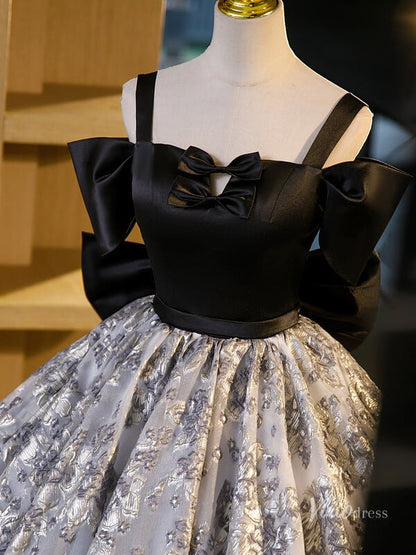 Grey Prom Ball Gown with Silver Floral Jacquard Bow Tie Quinceanera Dresses BG067-prom dresses 2025 -Viniodress-Grey-Custom Size-