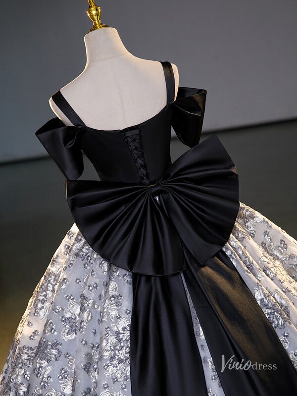 Grey Prom Ball Gown with Silver Floral Jacquard Bow Tie Quinceanera Dresses BG067-prom dresses 2025 -Viniodress-Grey-Custom Size-
