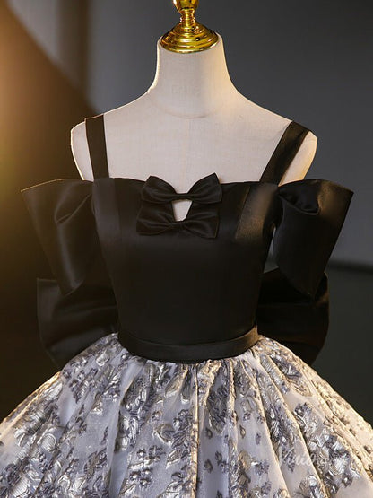 Grey Prom Ball Gown with Silver Floral Jacquard Bow Tie Quinceanera Dresses BG067-prom dresses 2025 -Viniodress-Grey-Custom Size-