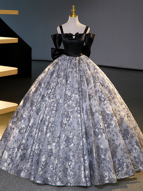 Grey Prom Ball Gown with Silver Floral Jacquard Bow Tie Quinceanera Dresses BG067-prom dresses 2025 -Viniodress-Grey-Custom Size-
