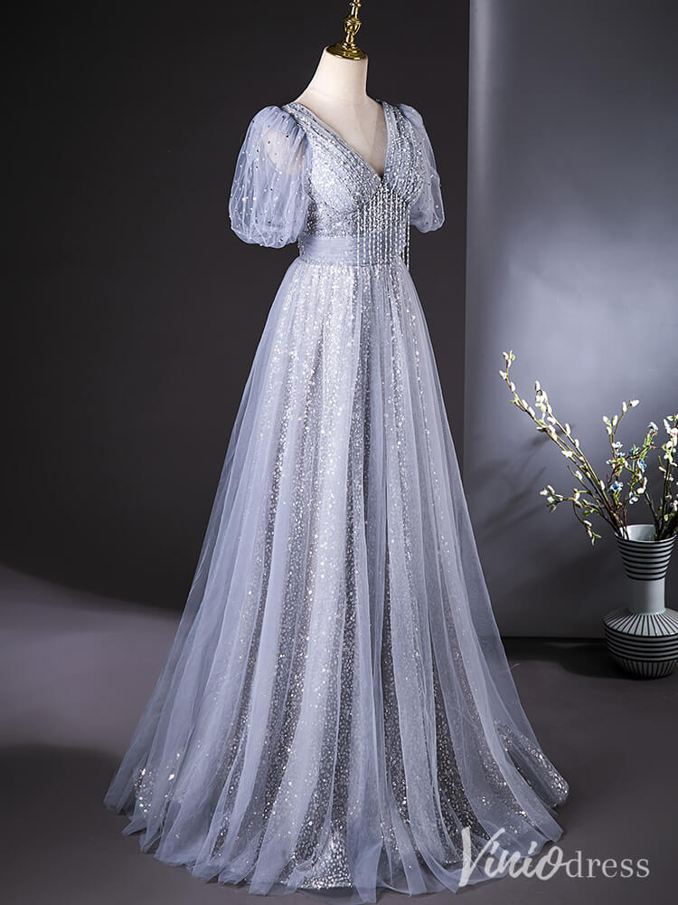 Grey Puffed Sleeve V-Neck Prom Dresses Sparkly Sequin Evening Dress AD1368-prom dresses 2025 -Viniodress-Grey-Custom Size-