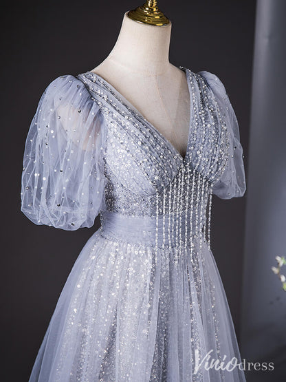 Grey Puffed Sleeve V-Neck Prom Dresses Sparkly Sequin Evening Dress AD1368-prom dresses 2025 -Viniodress-Grey-Custom Size-