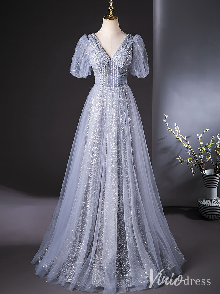 Grey Puffed Sleeve V-Neck Prom Dresses Sparkly Sequin Evening Dress AD1368-prom dresses 2025 -Viniodress-Grey-Custom Size-