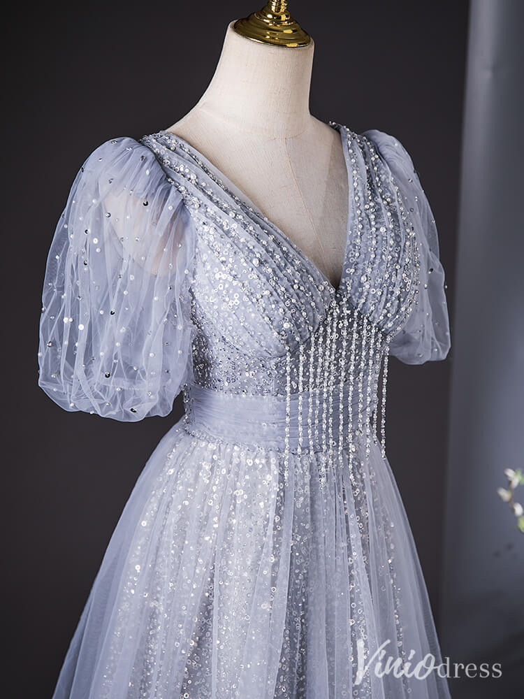 Grey Puffed Sleeve V-Neck Prom Dresses Sparkly Sequin Evening Dress AD1368-prom dresses 2025 -Viniodress-Grey-Custom Size-