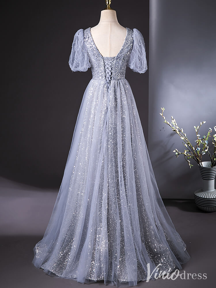 Grey Puffed Sleeve V-Neck Prom Dresses Sparkly Sequin Evening Dress AD1368-prom dresses-Viniodress-Viniodress