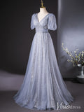 Grey Puffed Sleeve V-Neck Prom Dresses Sparkly Sequin Evening Dress AD1368-prom dresses-Viniodress-Viniodress