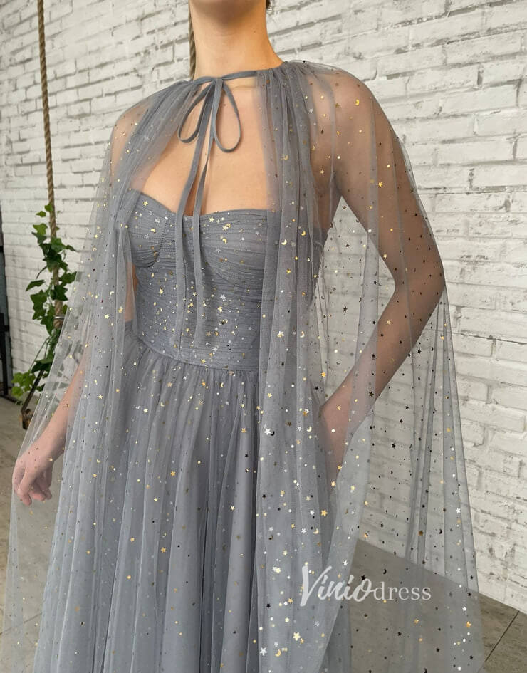 Grey Removable Cape Prom Dresses Starry Tulle Maxi Dresses FD2767 Viniodress Grey Removable Cape Prom Dresses Starry Tulle Maxi Dresses FD2767 Viniodress