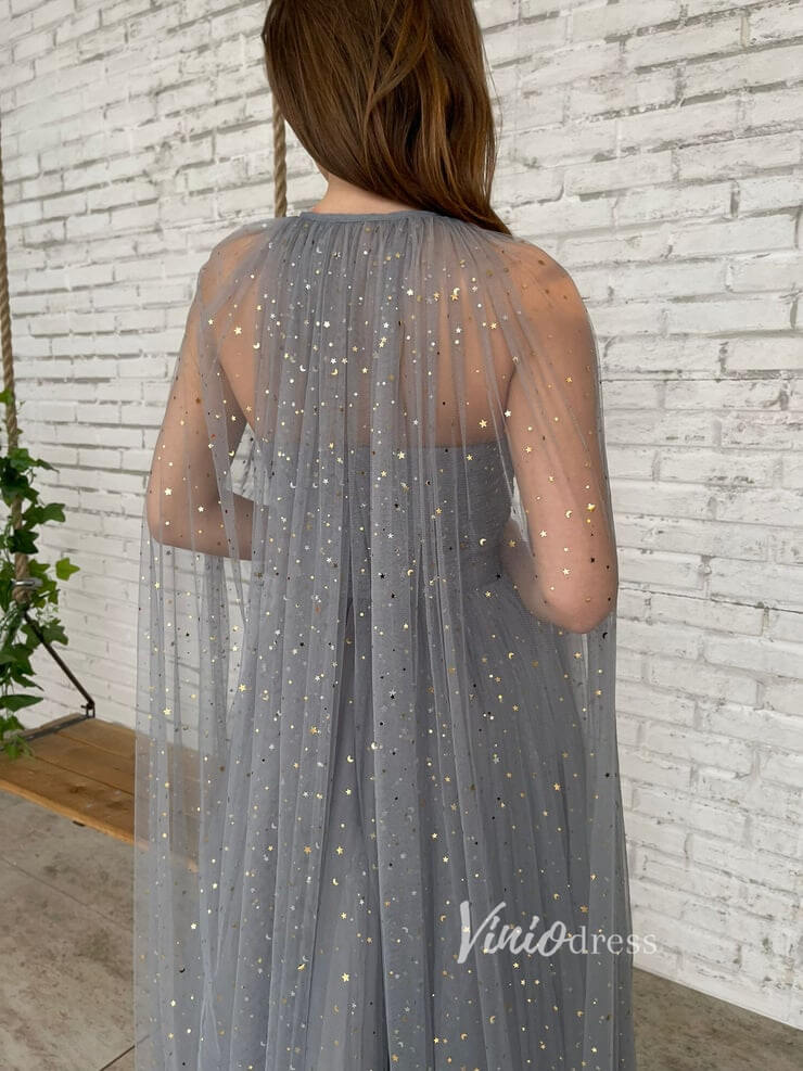 Grey Removable Cape Prom Dresses Starry Tulle Maxi Dresses FD2767-prom dresses 2025 -Viniodress-Grey-Custom Size-