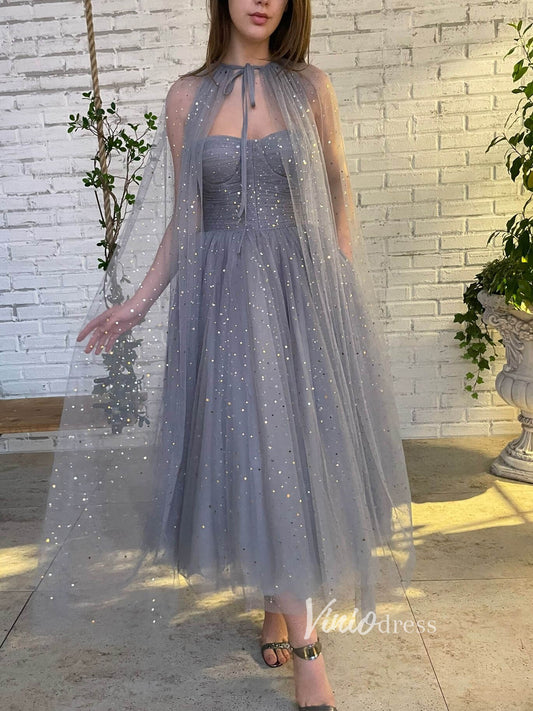 Short Prom Dresses 2025 Grey Removable Cape Prom Dresses Starry Tulle Maxi Dresses FD2767-prom dresses-Viniodress-Grey-Custom Size-Viniodress