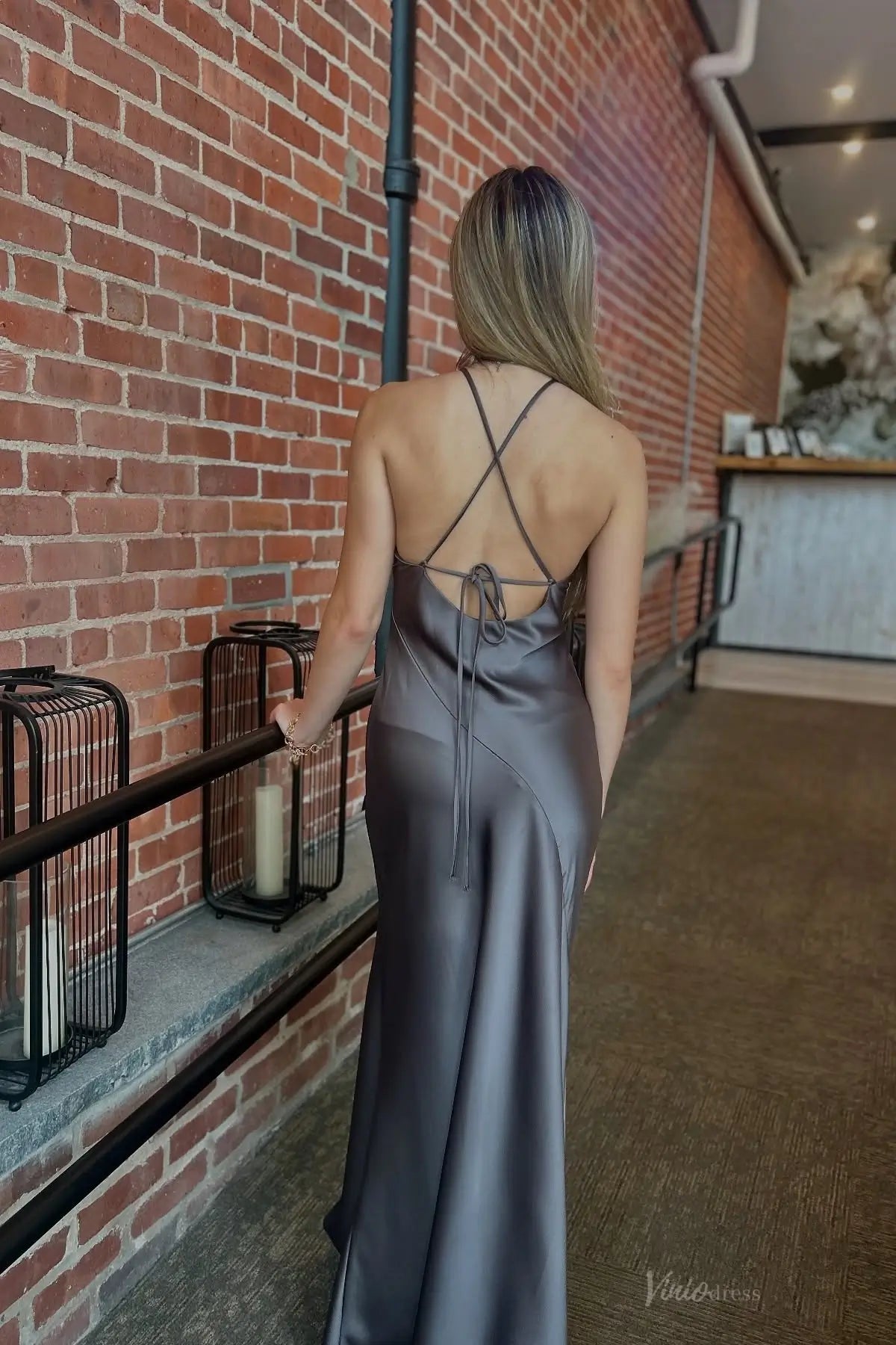 Grey Satin Open Back Prom Dress with High Slit BS002 Viniodress Grey Satin Open Back Prom Dress with High Slit BS002 Viniodress