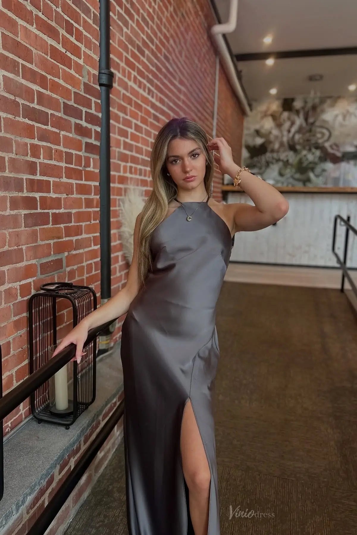 Grey Satin Open Back Prom Dress with High Slit BS002 Viniodress Grey Satin Open Back Prom Dress with High Slit BS002 Viniodress