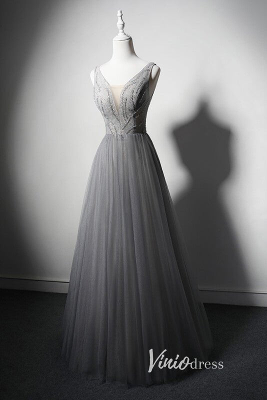 Grey Shimmering Formal Dresses Plunging V-Neck Evening Dress AD1026-prom dresses 2025 -Viniodress-Grey-Custom Size-