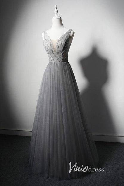 Grey Shimmering Formal Dresses Plunging V-Neck Evening Dress AD1026-prom dresses 2025 -Viniodress-Grey-Custom Size-