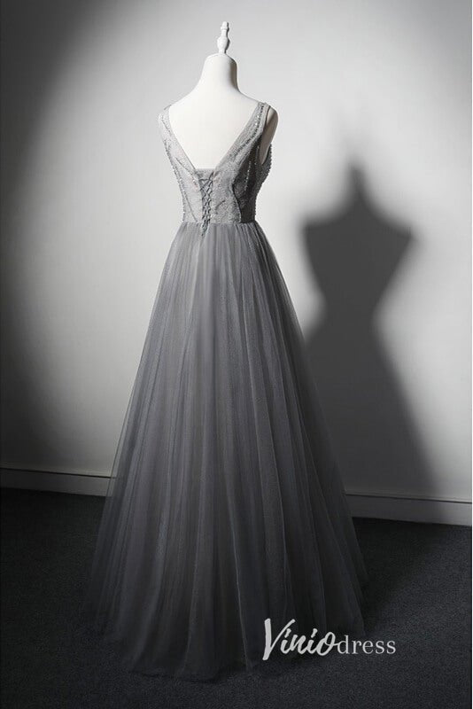Grey Shimmering Formal Dresses Plunging V-Neck Evening Dress AD1026-prom dresses 2025 -Viniodress-Grey-Custom Size-