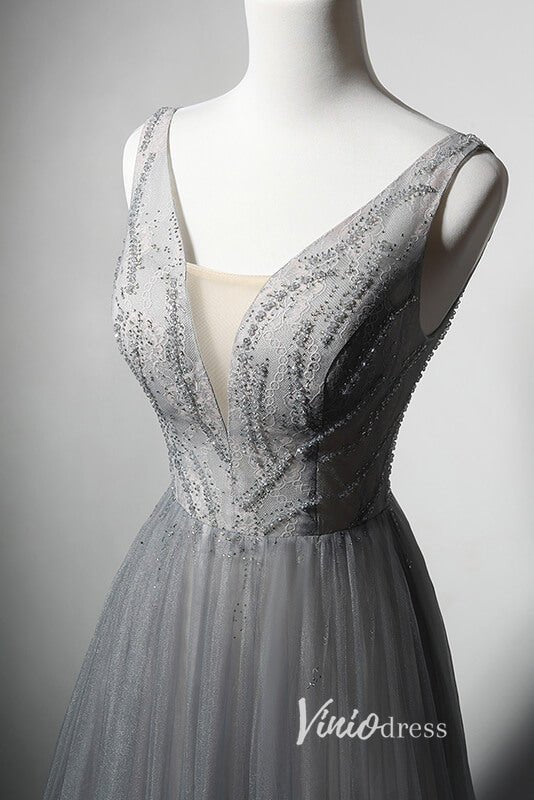 Grey Shimmering Formal Dresses Plunging V-Neck Evening Dress AD1026-prom dresses 2025 -Viniodress-Grey-Custom Size-