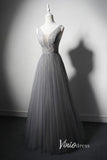 Grey Shimmering Formal Dresses Plunging V-Neck Evening Dress AD1026-prom dresses-Viniodress-Viniodress