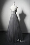 Grey Shimmering Formal Dresses Plunging V-Neck Evening Dress AD1026-prom dresses-Viniodress-Viniodress