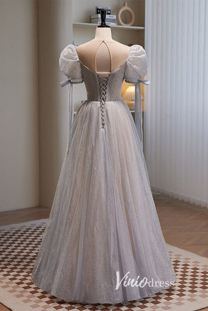 Grey Shimmering Sparkly Tulle Prom Dresses with Puffed Sleeve FD3520-prom dresses 2025 -Viniodress-Grey-Custom Size-