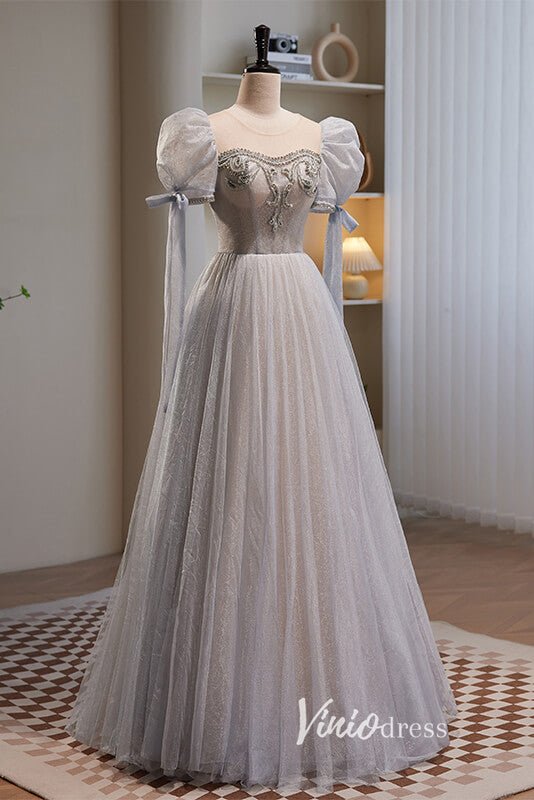 Grey Shimmering Sparkly Tulle Prom Dresses with Puffed Sleeve FD3520-prom dresses 2025 -Viniodress-Grey-Custom Size-