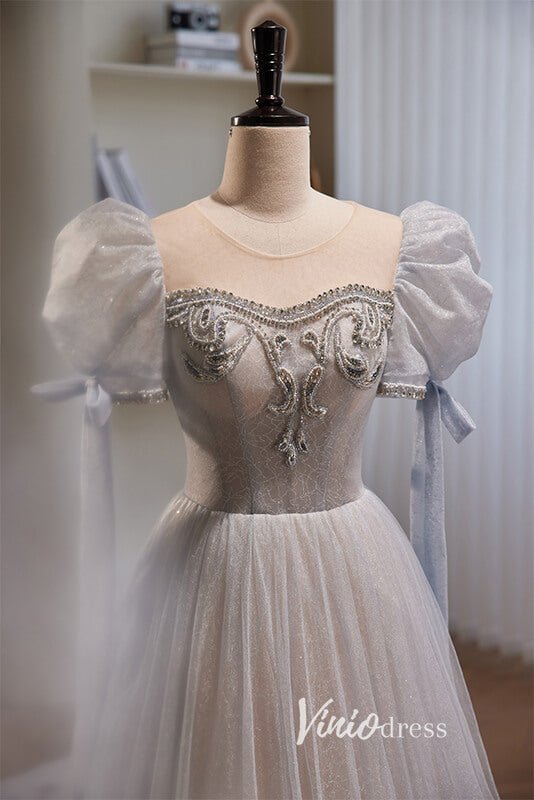 Grey Shimmering Sparkly Tulle Prom Dresses with Puffed Sleeve FD3520-prom dresses 2025 -Viniodress-Grey-Custom Size-