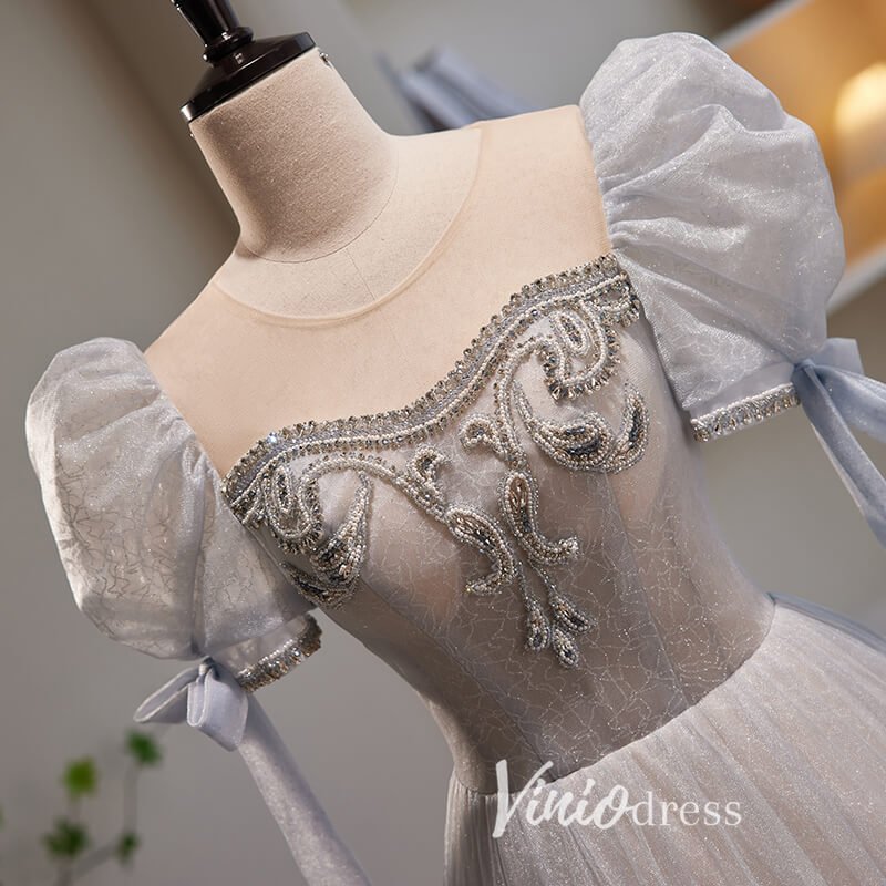 Grey Shimmering Sparkly Tulle Prom Dresses with Puffed Sleeve FD3520-prom dresses 2025 -Viniodress-Grey-Custom Size-
