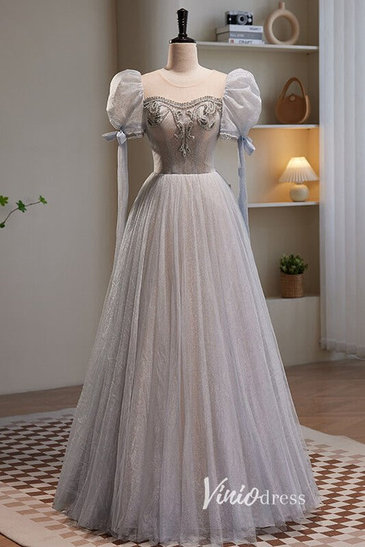 Grey Shimmering Sparkly Tulle Prom Dresses with Puffed Sleeve FD3520 - Viniodressprom dressesGreyCustom Size - Formal Dresses - Ball Gowns