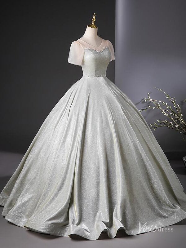 Grey Sparkle Prom Dresses with Puffed Sleeves Quinceanera Dresses BG040-prom dresses 2025 -Viniodress-Grey-Custom Size-