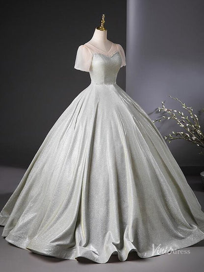 Grey Sparkle Prom Dresses with Puffed Sleeves Quinceanera Dresses BG040-prom dresses 2025 -Viniodress-Grey-Custom Size-