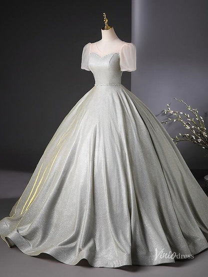 Grey Sparkle Prom Dresses with Puffed Sleeves Quinceanera Dresses BG040-prom dresses 2025 -Viniodress-Grey-Custom Size-