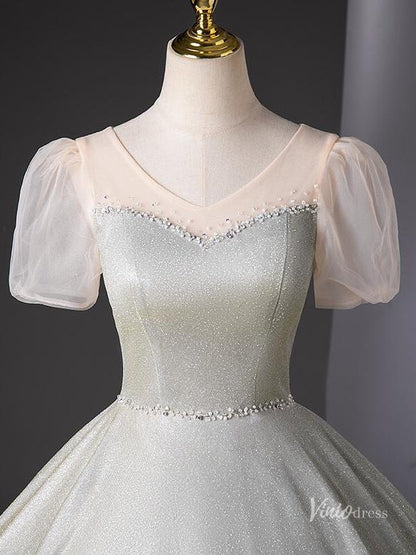 Grey Sparkle Prom Dresses with Puffed Sleeves Quinceanera Dresses BG040-prom dresses 2025 -Viniodress-Grey-Custom Size-