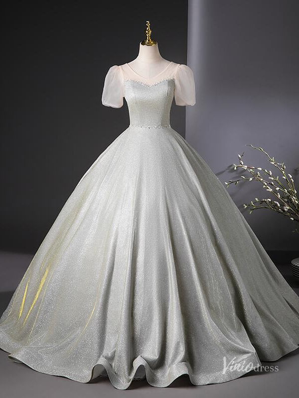 Grey Sparkle Prom Dresses with Puffed Sleeves Quinceanera Dresses BG040-prom dresses 2025 -Viniodress-Grey-Custom Size-