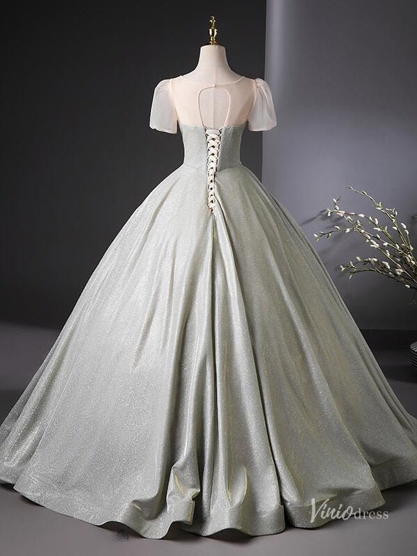 Grey Sparkle Prom Dresses with Puffed Sleeves Quinceanera Dresses BG040 - Viniodressprom dressesGreyCustom Size - Formal Dresses - Ball Gowns