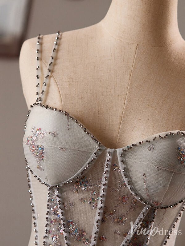 Grey Sparkly Lace Homecoming Dress Spaghetti Strap Back to School Dress 8025-prom dresses 2025 -Viniodress-Grey-Custom Size-