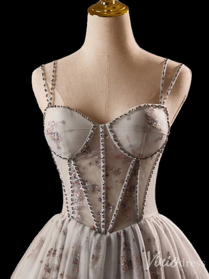 Grey Sparkly Lace Homecoming Dress Spaghetti Strap Back to School Dress 8025-prom dresses 2025 -Viniodress-Grey-Custom Size-