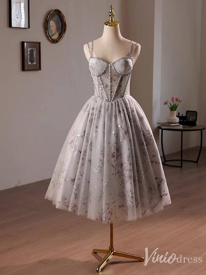 Grey Sparkly Lace Homecoming Dress Spaghetti Strap Back to School Dress 8025-prom dresses 2025 -Viniodress-Grey-Custom Size-