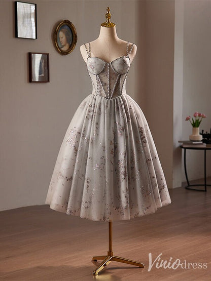 Grey Sparkly Lace Homecoming Dress Spaghetti Strap Back to School Dress 8025-prom dresses 2025 -Viniodress-Grey-Custom Size-