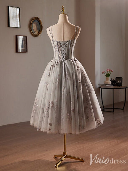 Grey Sparkly Lace Homecoming Dress Spaghetti Strap Back to School Dress 8025-prom dresses 2025 -Viniodress-Grey-Custom Size-