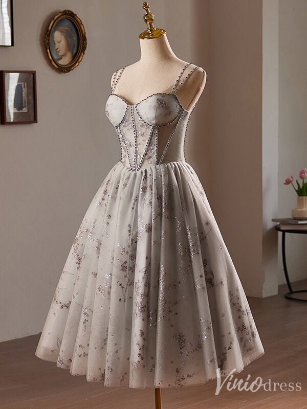 Grey Sparkly Lace Homecoming Dress Spaghetti Strap Back to School Dres – Viniodress Grey Sparkly Lace Homecoming Dress Spaghetti Strap Back to School Dres – Viniodress