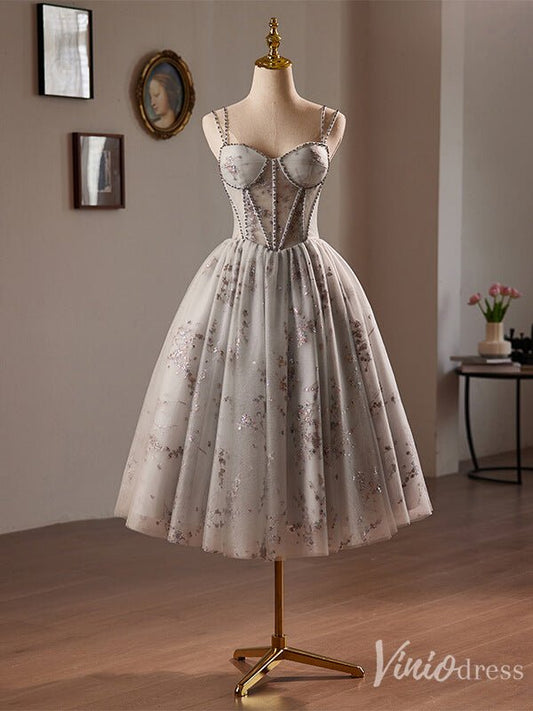 Grey Sparkly Lace Homecoming Dress Spaghetti Strap Back to School Dress 8025-prom dresses 2025 -Viniodress-Grey-Custom Size-