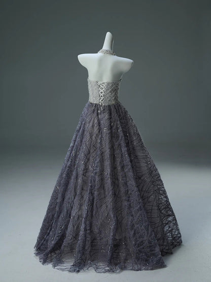 Grey Sparkly Lace Prom Dresses Strapless Formal Gown with Sheer Boned Bodice - CQ0126-Couture Gown 2025 -Viniodress-Grey-Custom Size-