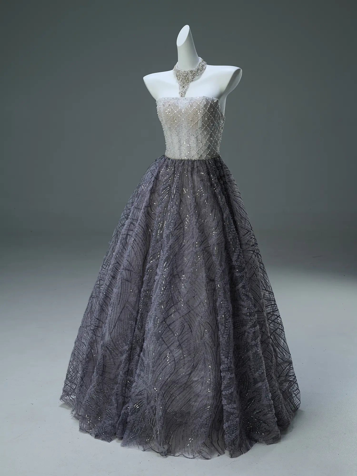 Grey Sparkly Lace Prom Dresses Strapless Formal Gown with Sheer Boned Bodice - CQ0126-Couture Gown 2025 -Viniodress-Grey-Custom Size-