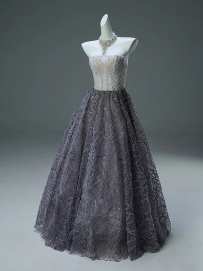 Grey Sparkly Lace Prom Dresses Strapless Formal Gown with Sheer Boned Bodice - CQ0126-Couture Gown 2025 -Viniodress-Grey-Custom Size-