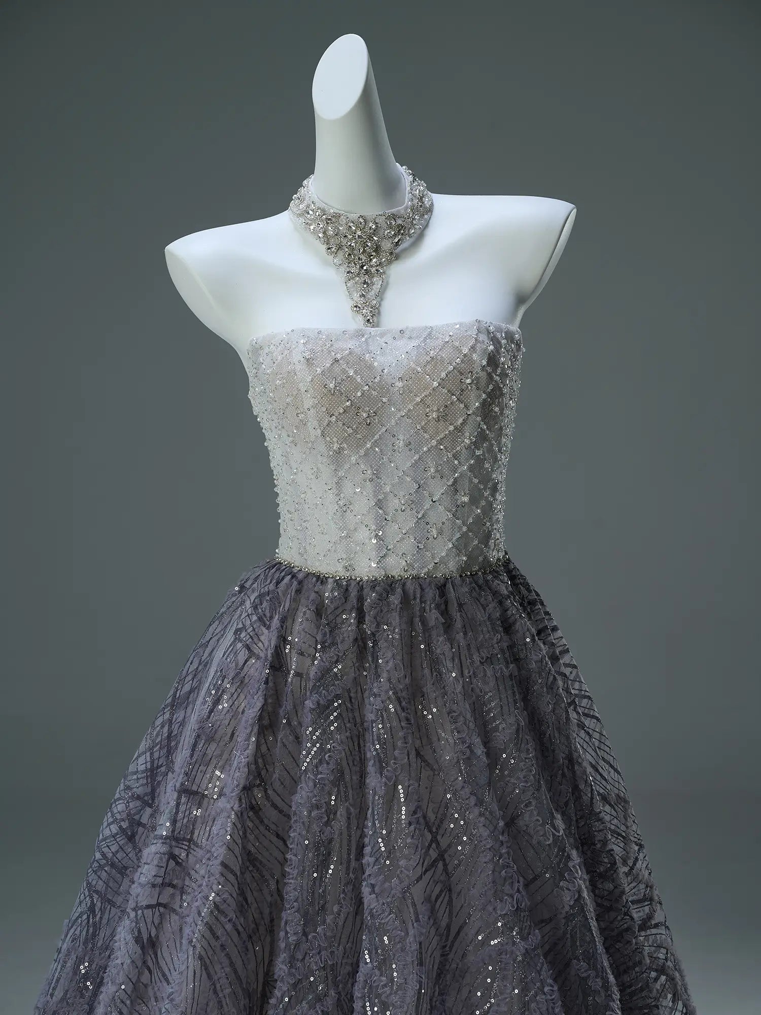 Grey Sparkly Lace Prom Dresses Strapless Formal Gown with Sheer Boned Bodice - CQ0126-Couture Gown 2025 -Viniodress-Grey-Custom Size-