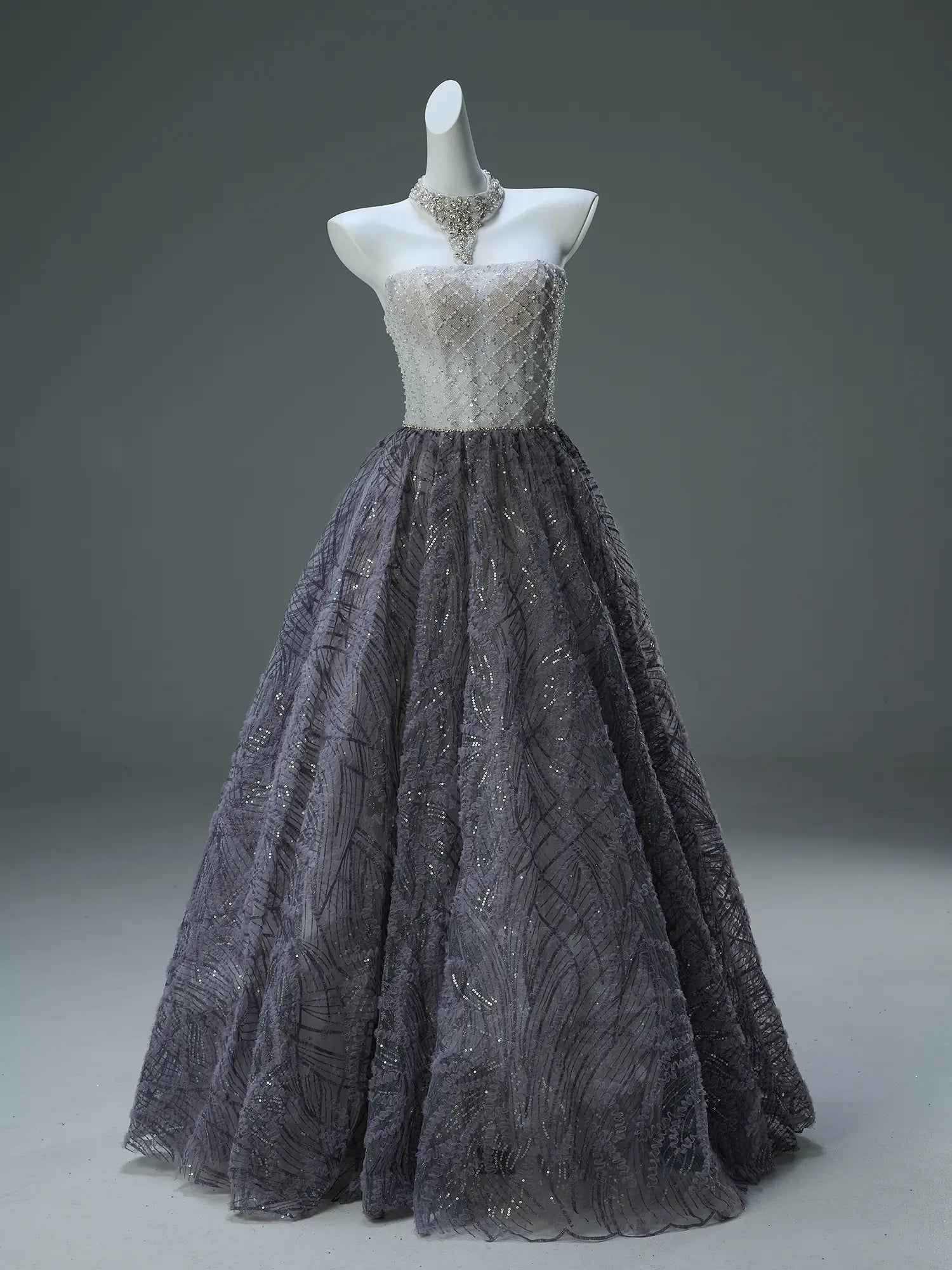 Grey Sparkly Lace Prom Dresses Strapless Formal Gown with Sheer Boned Bodice - CQ0126-Couture Gown 2025 -Viniodress-Grey-Custom Size-