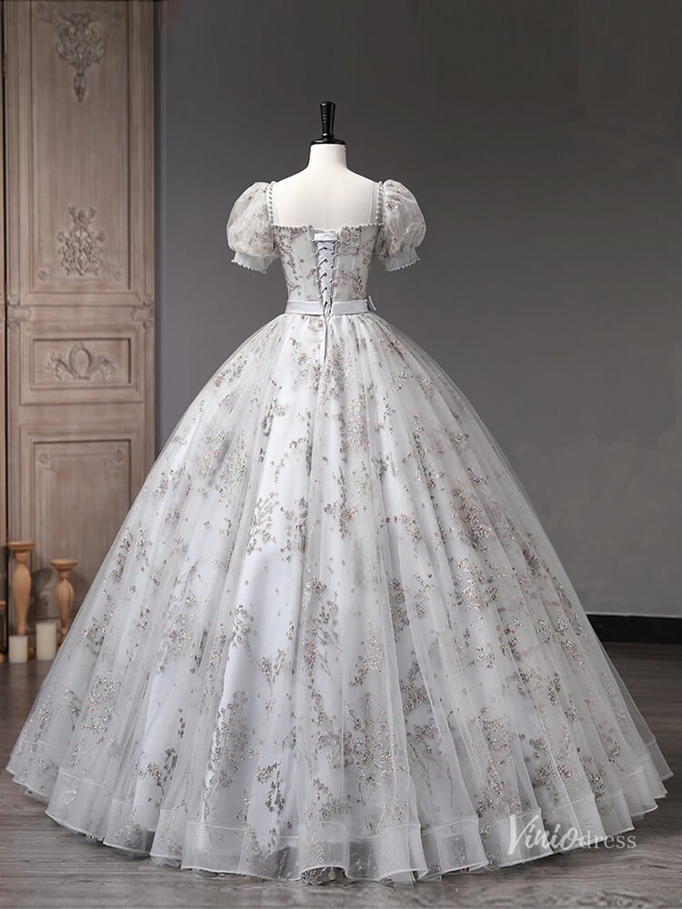 Grey Sparkly Lace Puffed Sleeve Prom Ball Gown Bow Tie Quinceanera Dresses BG057-prom dresses 2025 -Viniodress-Grey-Custom Size-