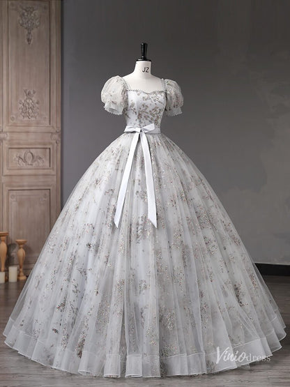 Grey Sparkly Lace Puffed Sleeve Prom Ball Gown Bow Tie Quinceanera Dresses BG057-prom dresses 2025 -Viniodress-Grey-Custom Size-