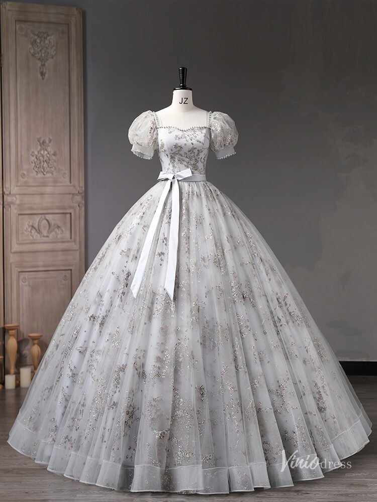 Grey Sparkly Lace Puffed Sleeve Prom Ball Gown Bow Tie Quinceanera Dresses BG057-prom dresses 2025 -Viniodress-Grey-Custom Size-
