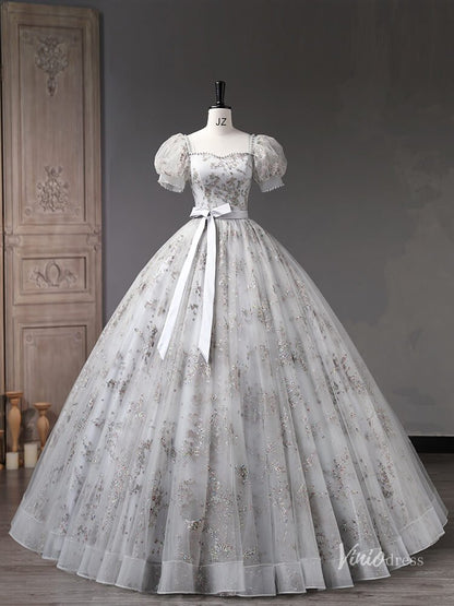 Grey Sparkly Lace Puffed Sleeve Prom Ball Gown Bow Tie Quinceanera Dresses BG057-prom dresses 2025 -Viniodress-Grey-Custom Size-