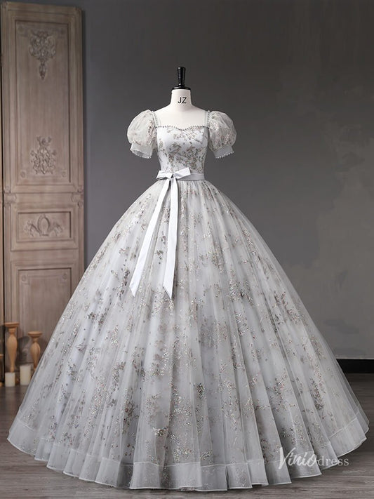 Grey Sparkly Lace Puffed Sleeve Prom Ball Gown Bow Tie Quinceanera Dresses BG057-prom dresses 2025 -Viniodress-Grey-Custom Size-