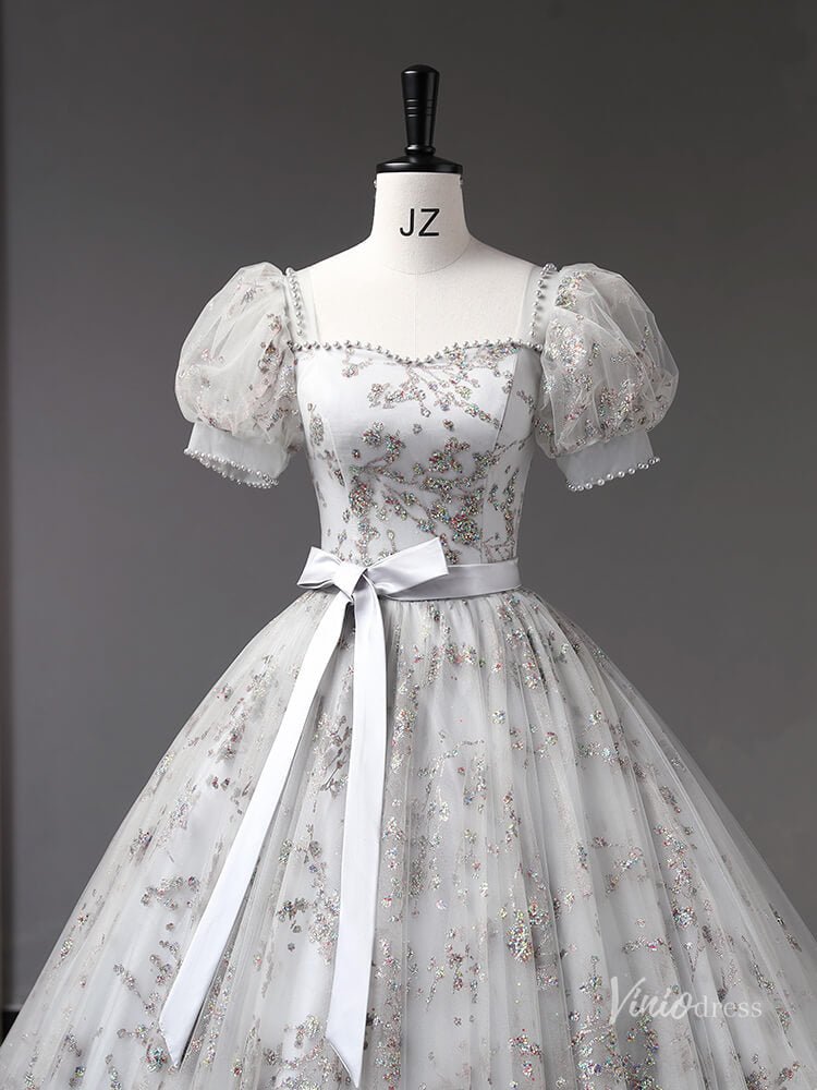 Grey Sparkly Lace Puffed Sleeve Prom Ball Gown Bow Tie Quinceanera Dresses BG057-prom dresses 2025 -Viniodress-Grey-Custom Size-